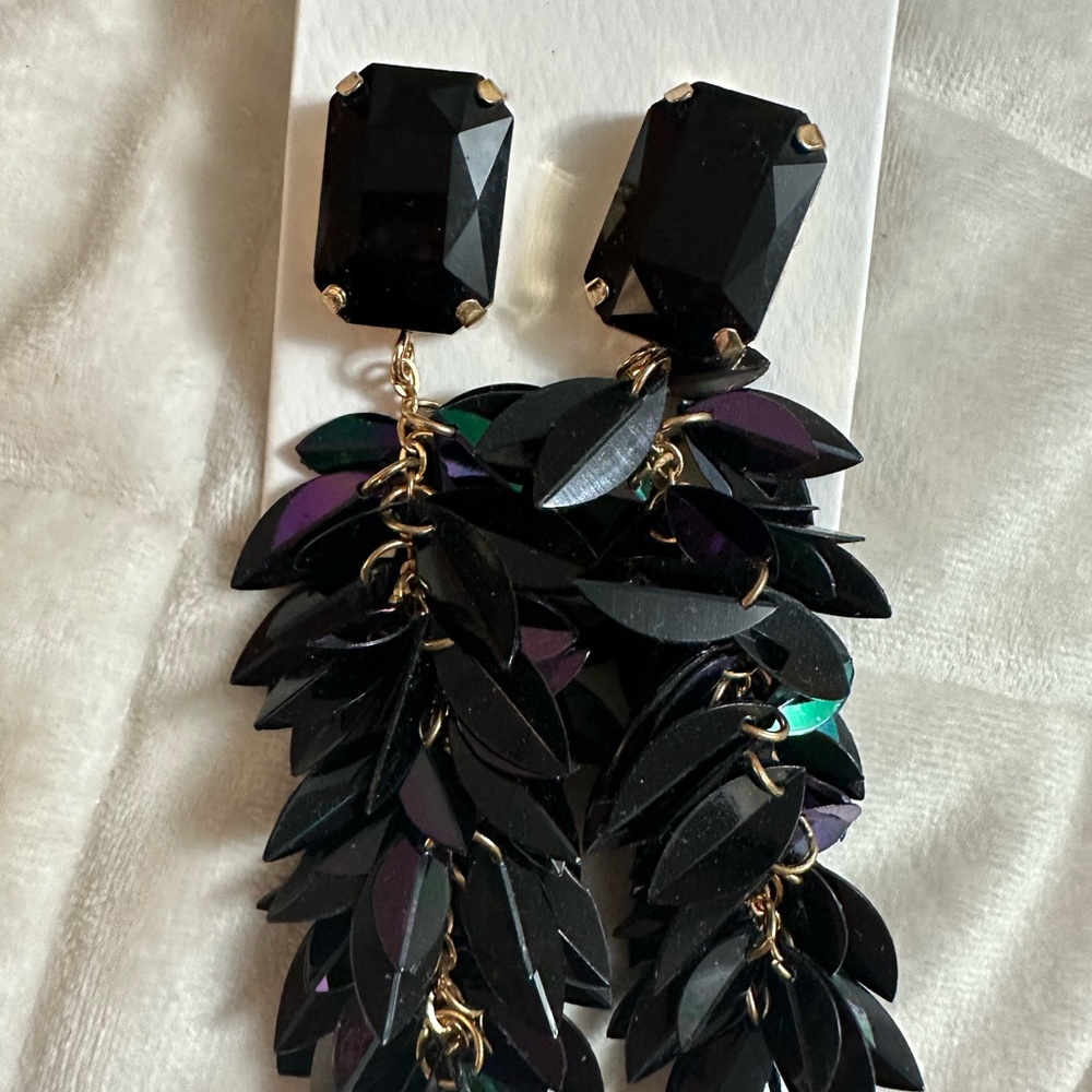 Black earrings with feather like drop.